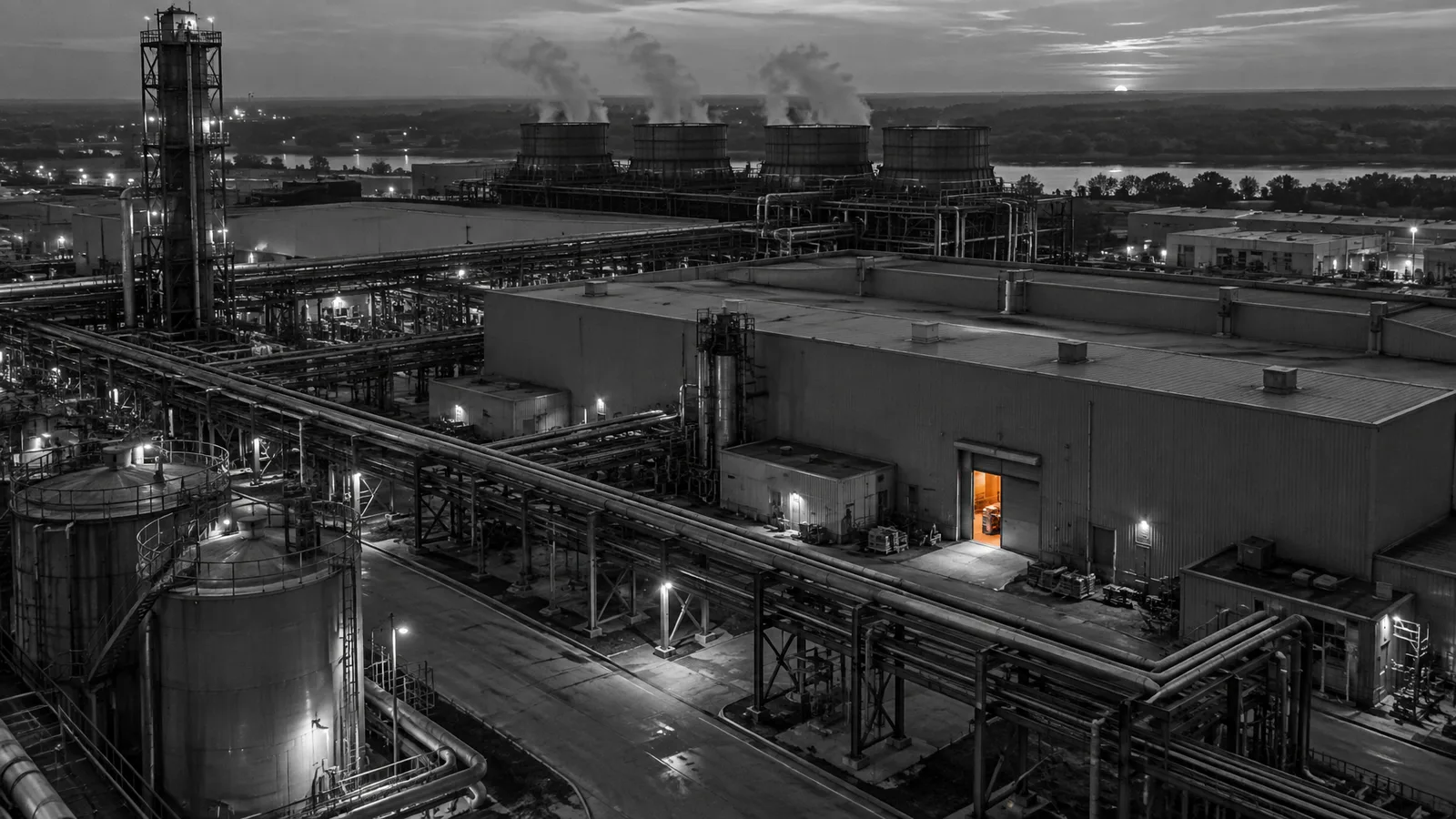 Aerial view of a manufacturing plant complex at dusk