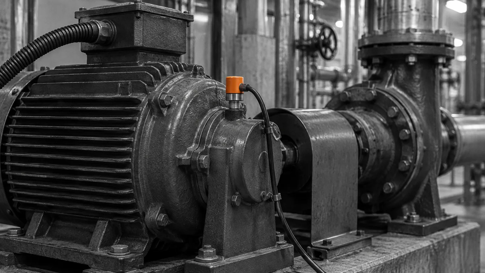Vibration sensor mounted on the bearing housing of a large electric motor
