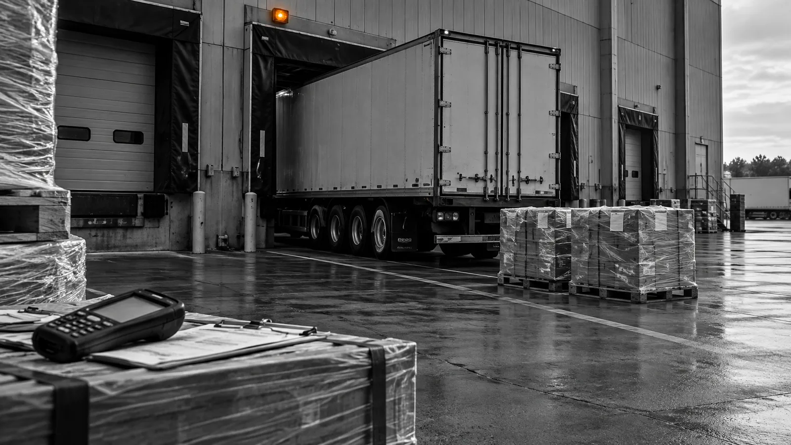 Articulated trailer at a warehouse loading dock with wrapped pallets on the apron