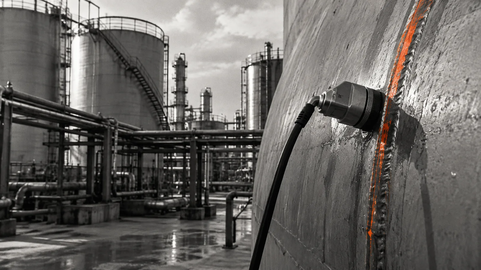 Ultrasonic inspection probe on the shell of an industrial pressure vessel