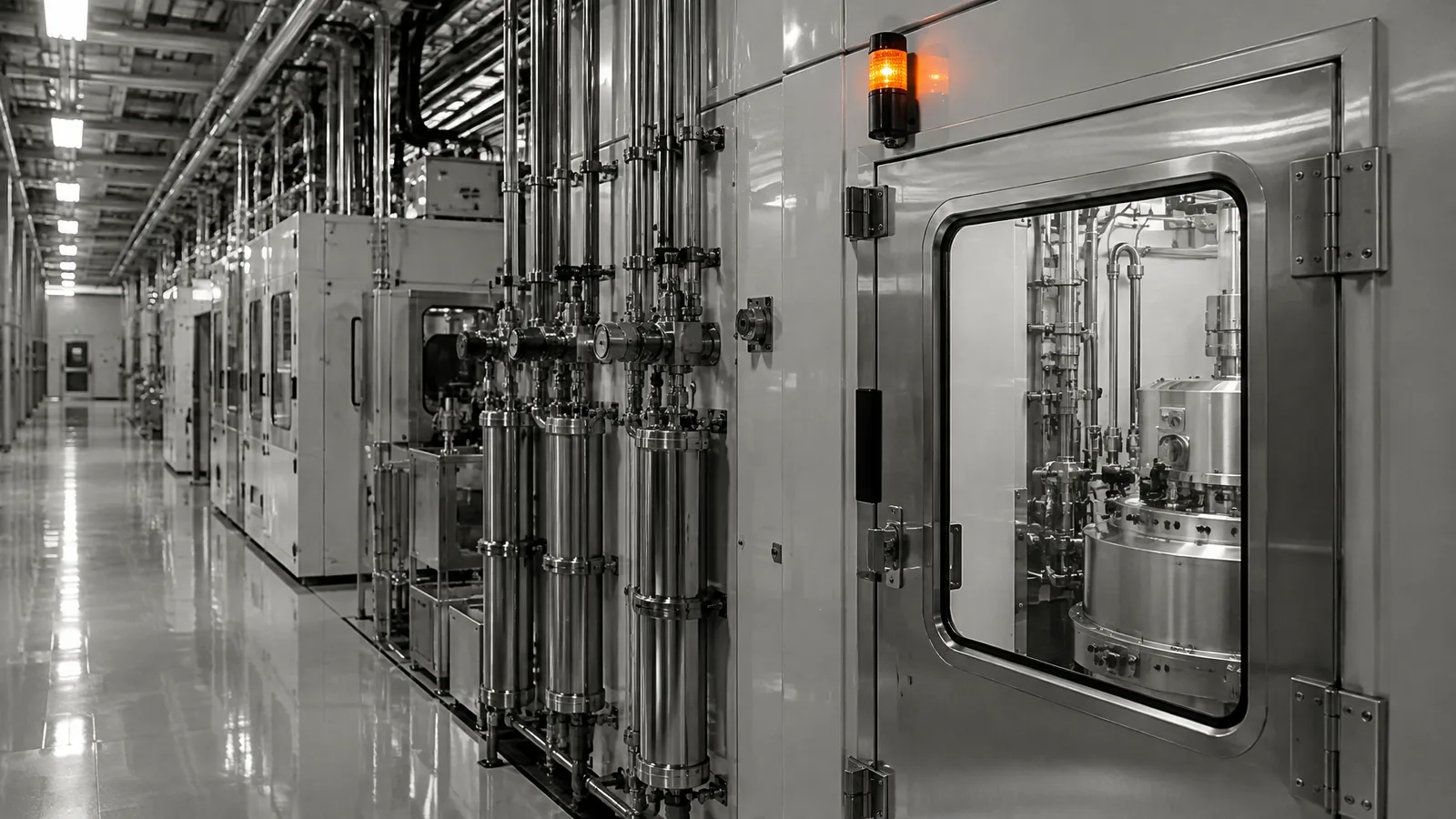Cleanroom corridor with sealed process modules in a semiconductor materials plant