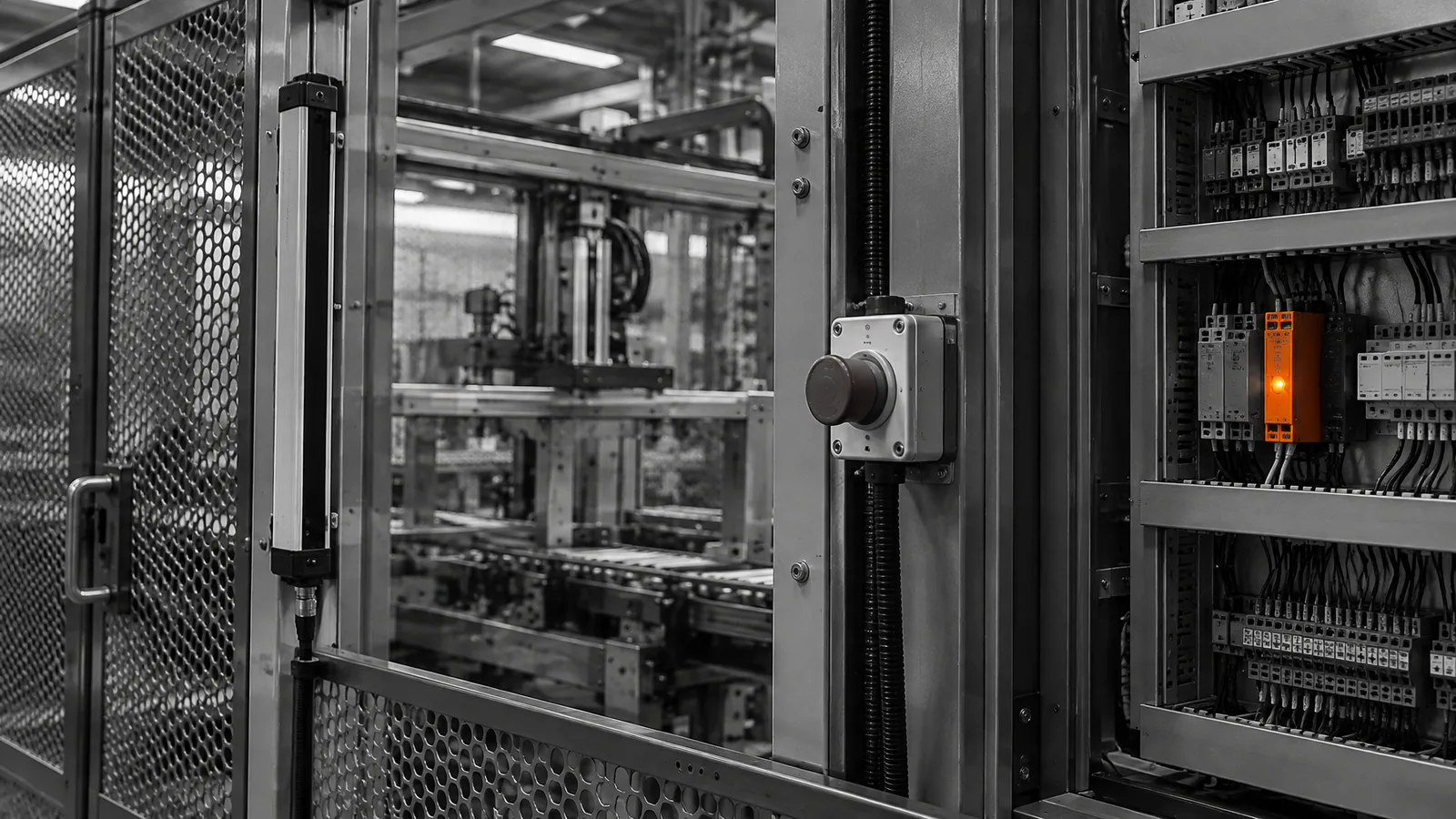 Machine safety enclosure with light curtain and emergency stop station