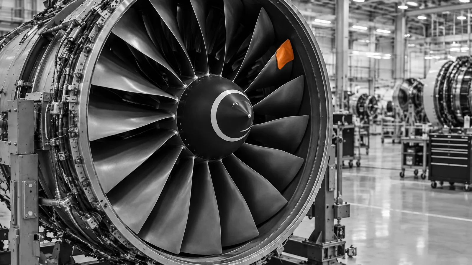 Jet engine fan blades on an assembly stand in an aerospace plant