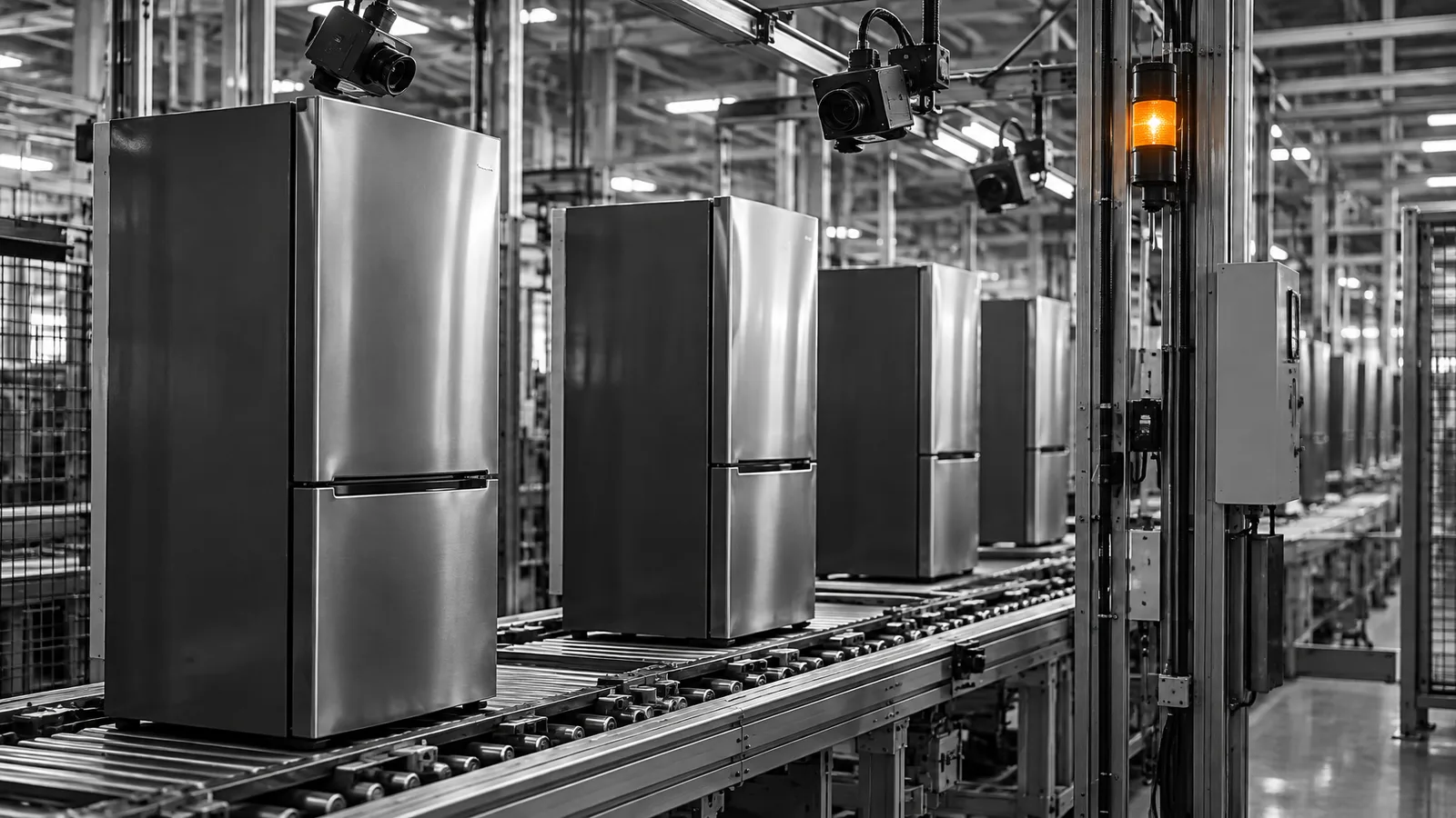 Refrigerators on an assembly-line conveyor under industrial inspection cameras