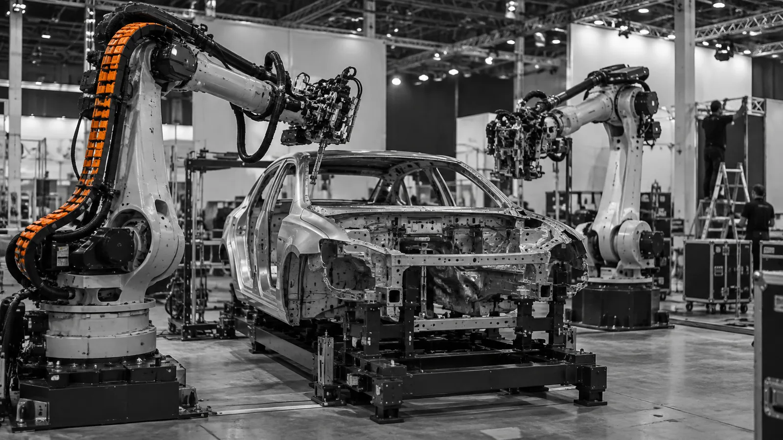 Industrial robot arms and a car body shell on an exhibition stand