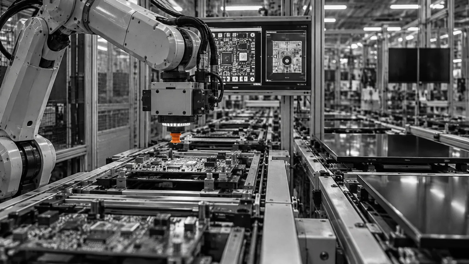 Robotic inspection cell over circuit boards on an electronics assembly line