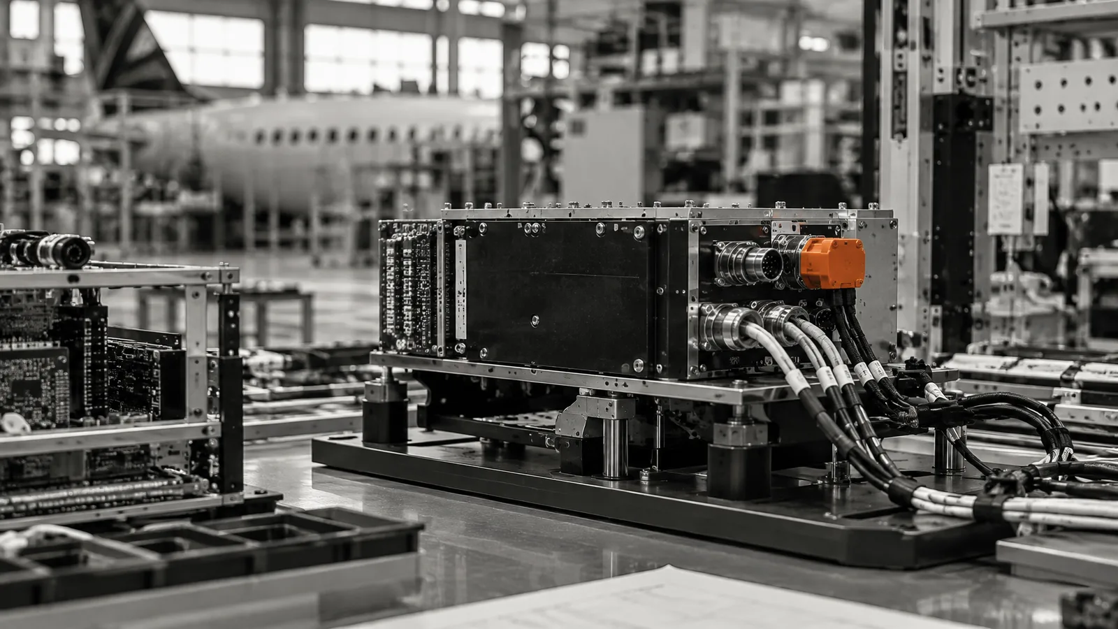 Avionics assembly bench with circuit modules and wiring harnesses