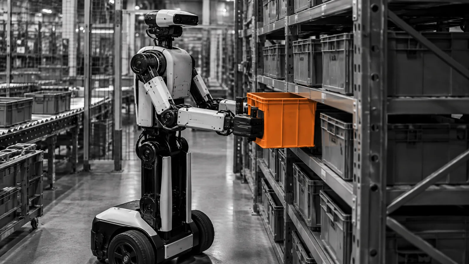 Wheeled humanoid robot lifting a tote from shelving in a factory logistics aisle