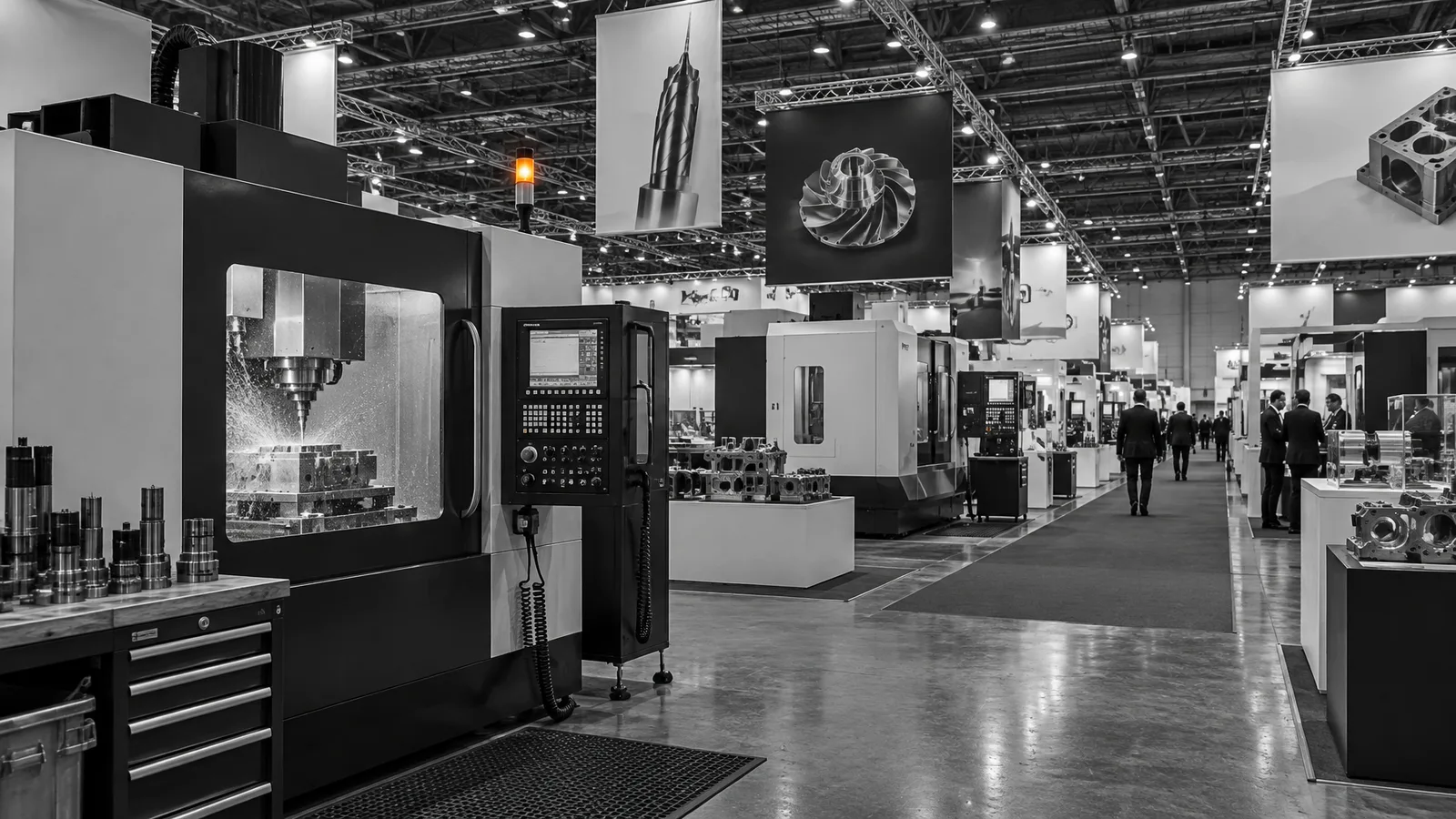 Machining centres on stands in a trade-fair hall
