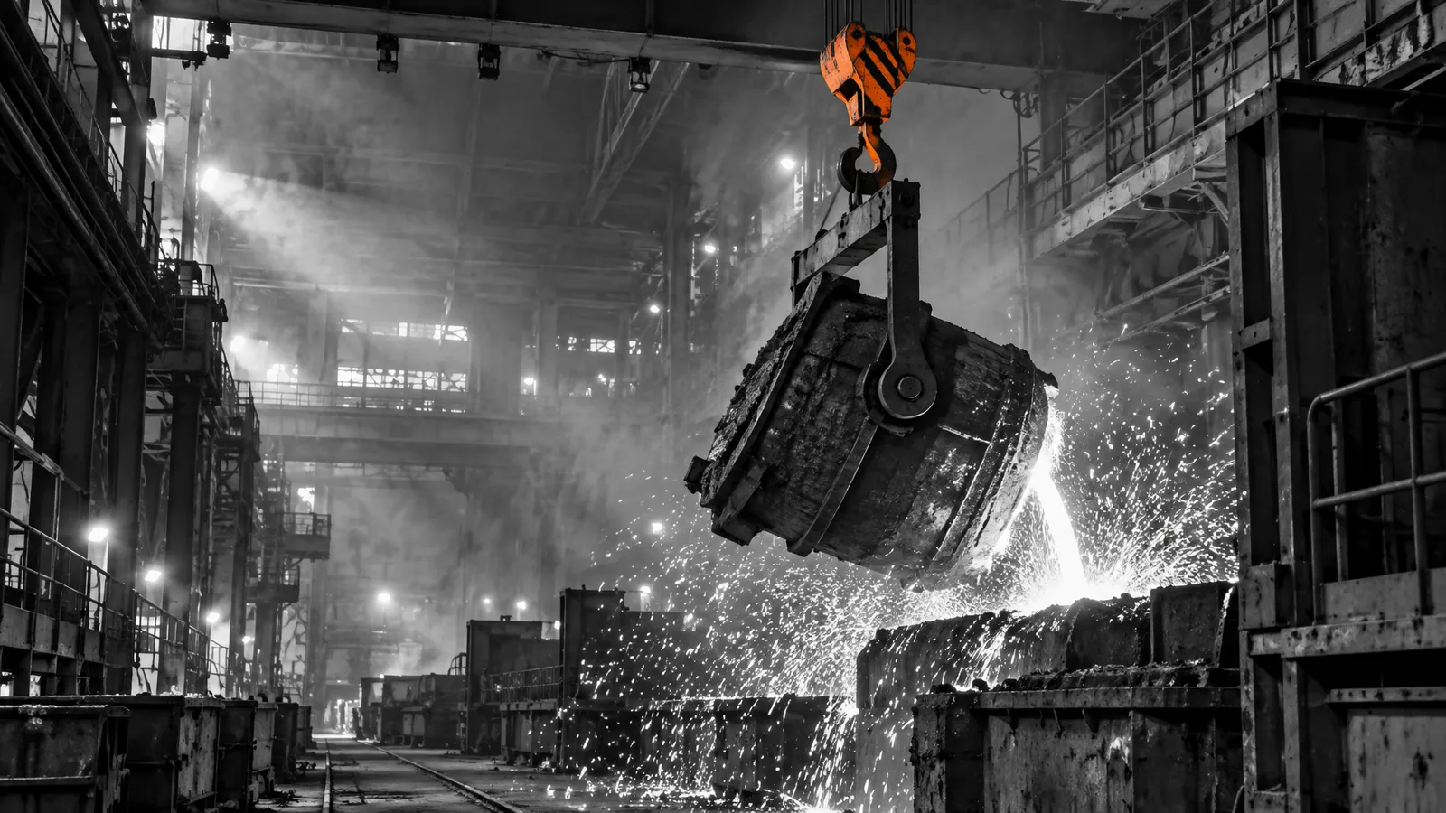 Steel mill interior with a ladle and overhead crane
