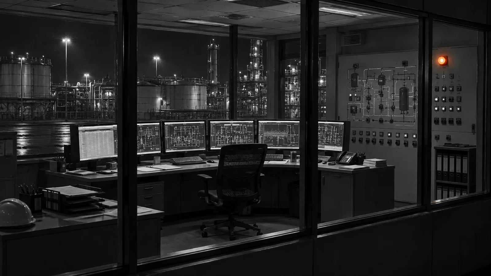Industrial control room at night seen through glass
