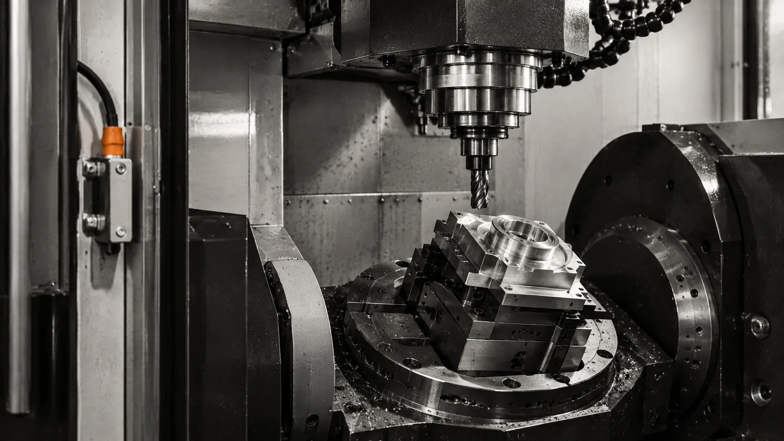 Five-axis machining centre with a cutting tool over a metal workpiece
