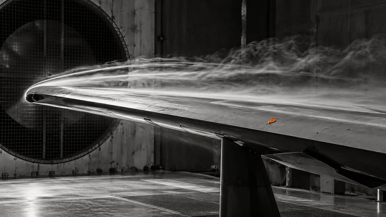 Aircraft wing section in a wind tunnel with smoke streamlines