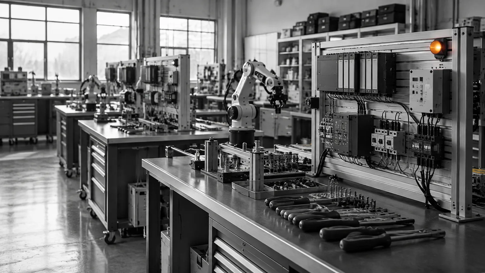Industrial training workshop with automation trainer rigs and PLC panels