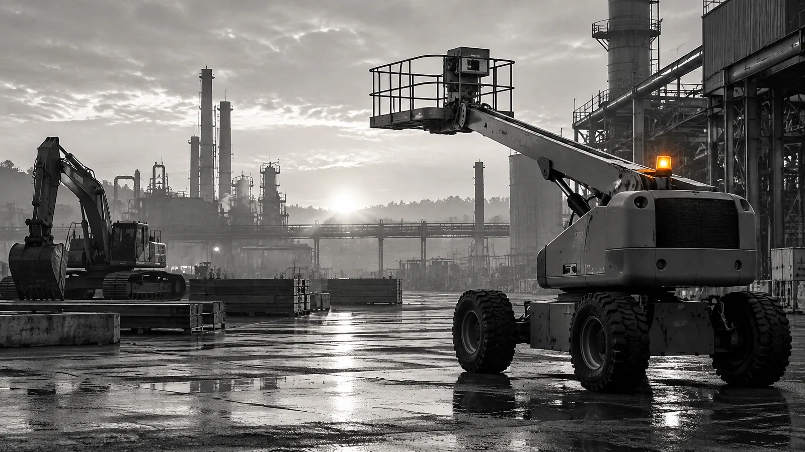 Mobile elevating work platform and heavy machinery on a factory yard at dawn
