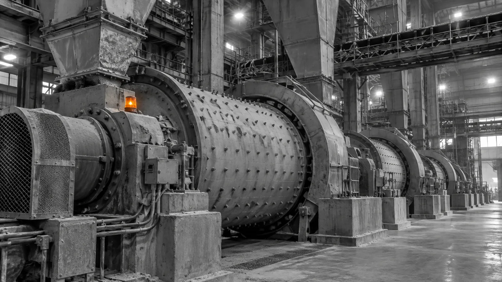 Ball mills in the grinding hall of a cement plant